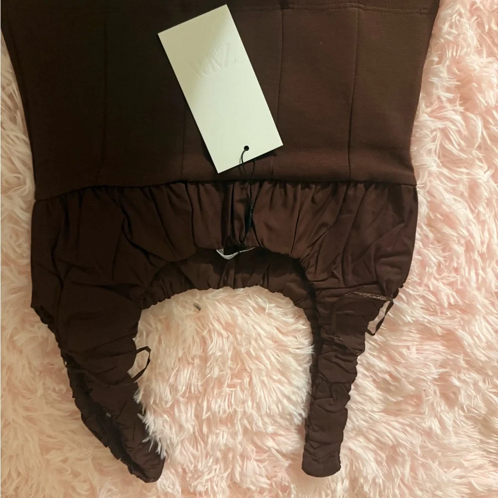 NWT Zara Brown Mixed Interlock Poplin Ruched Crop Top - Picture 7 of 7